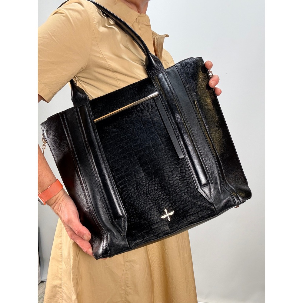 Pour La Victoire Black Leather Croc Calf Hair Tote Shoulder Bag Gold Tone